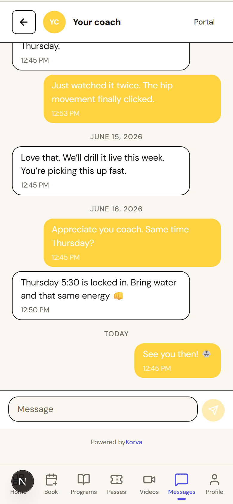 Korva student messaging — a direct chat thread with their coach