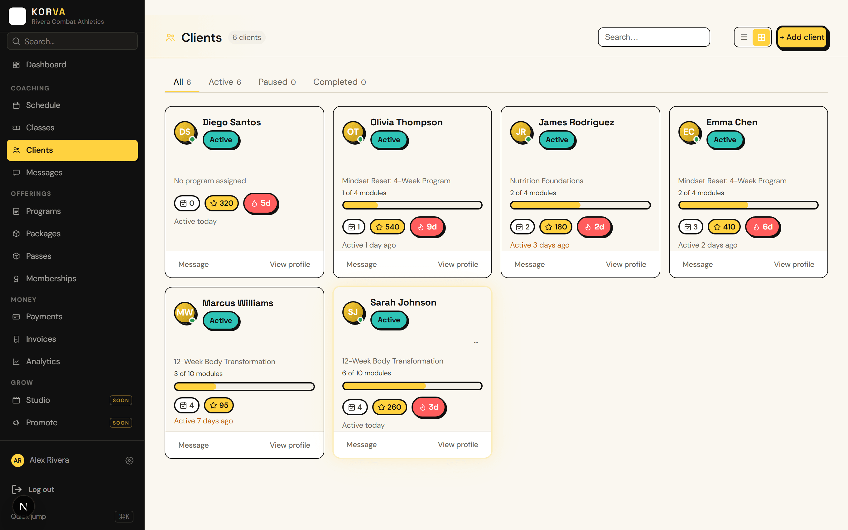 Korva client roster — each student's program progress and check-ins
