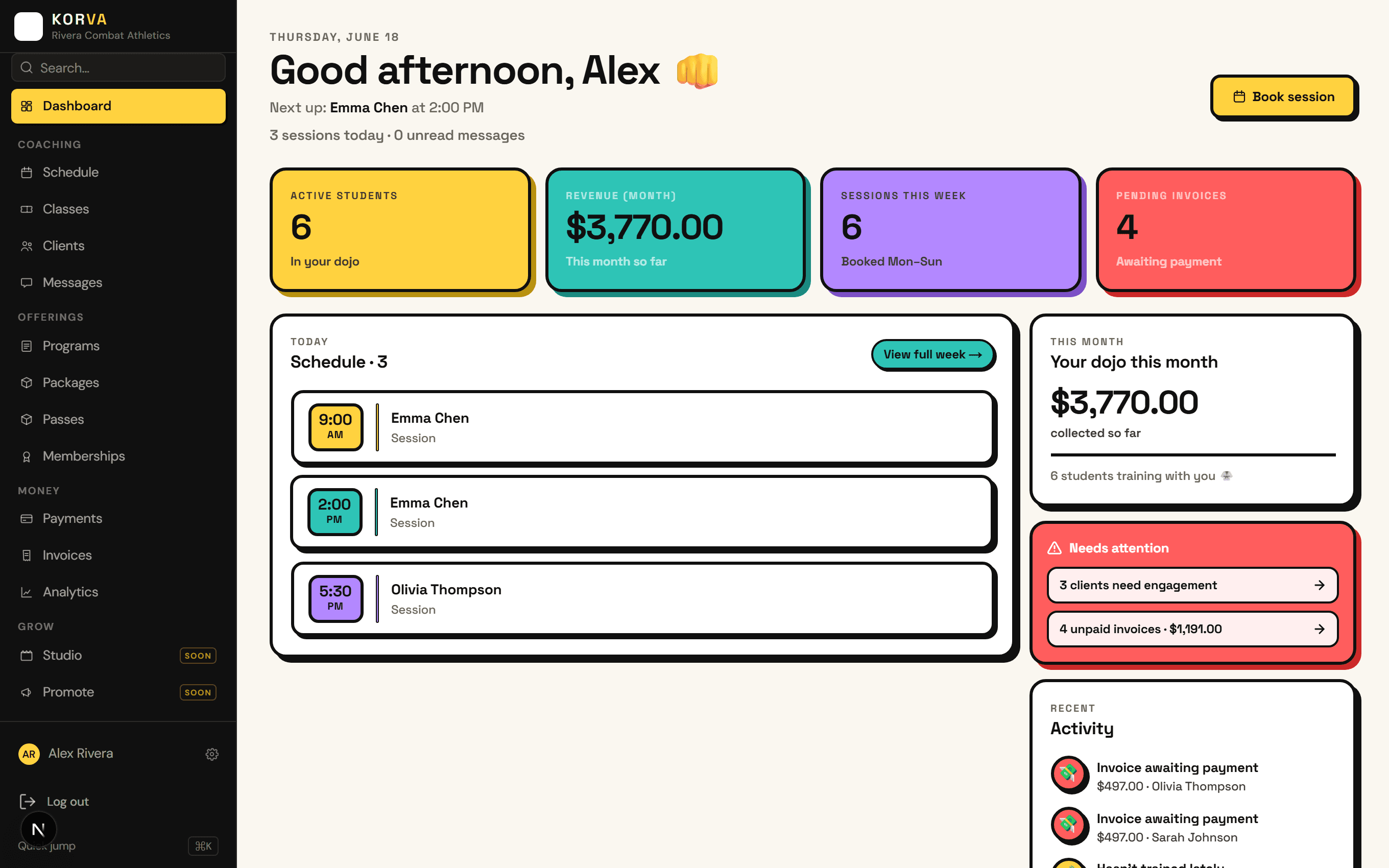 Korva coach dashboard — students, revenue, today's sessions, and who needs attention