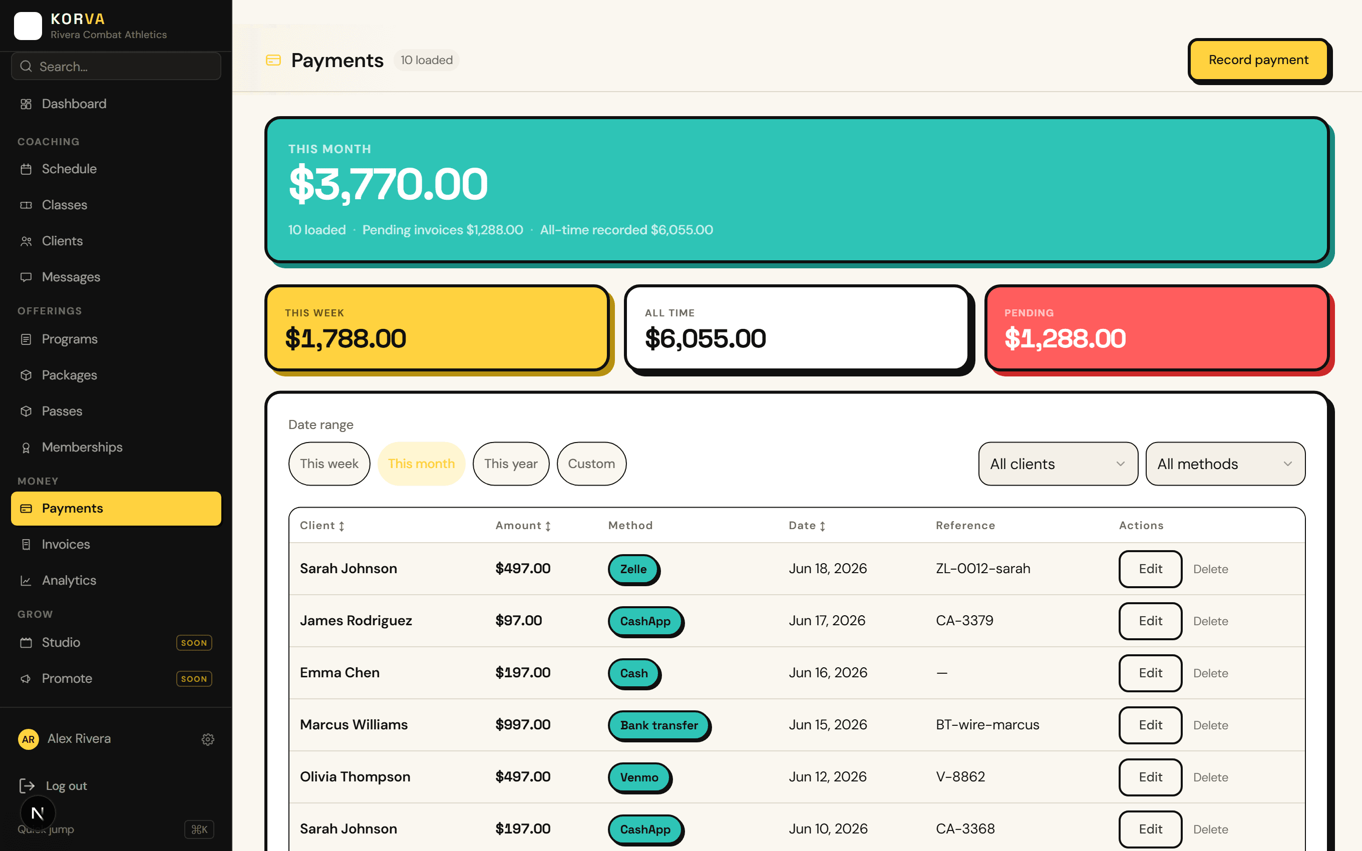 Korva payments — money in this month, this week, all-time, and every payment logged