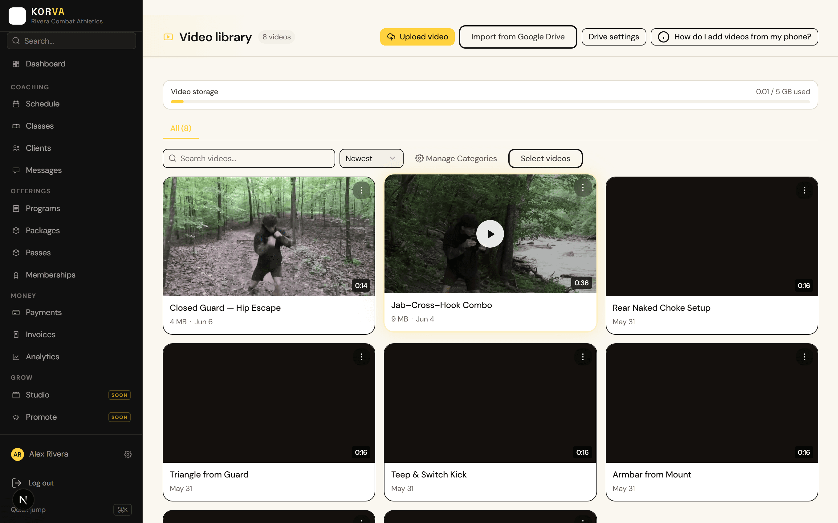 Korva video library — the coach's technique videos, organized by category