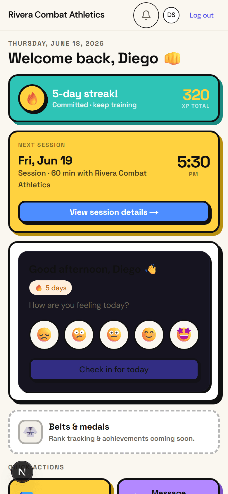 Korva student portal — book a class, daily check-in, watch videos