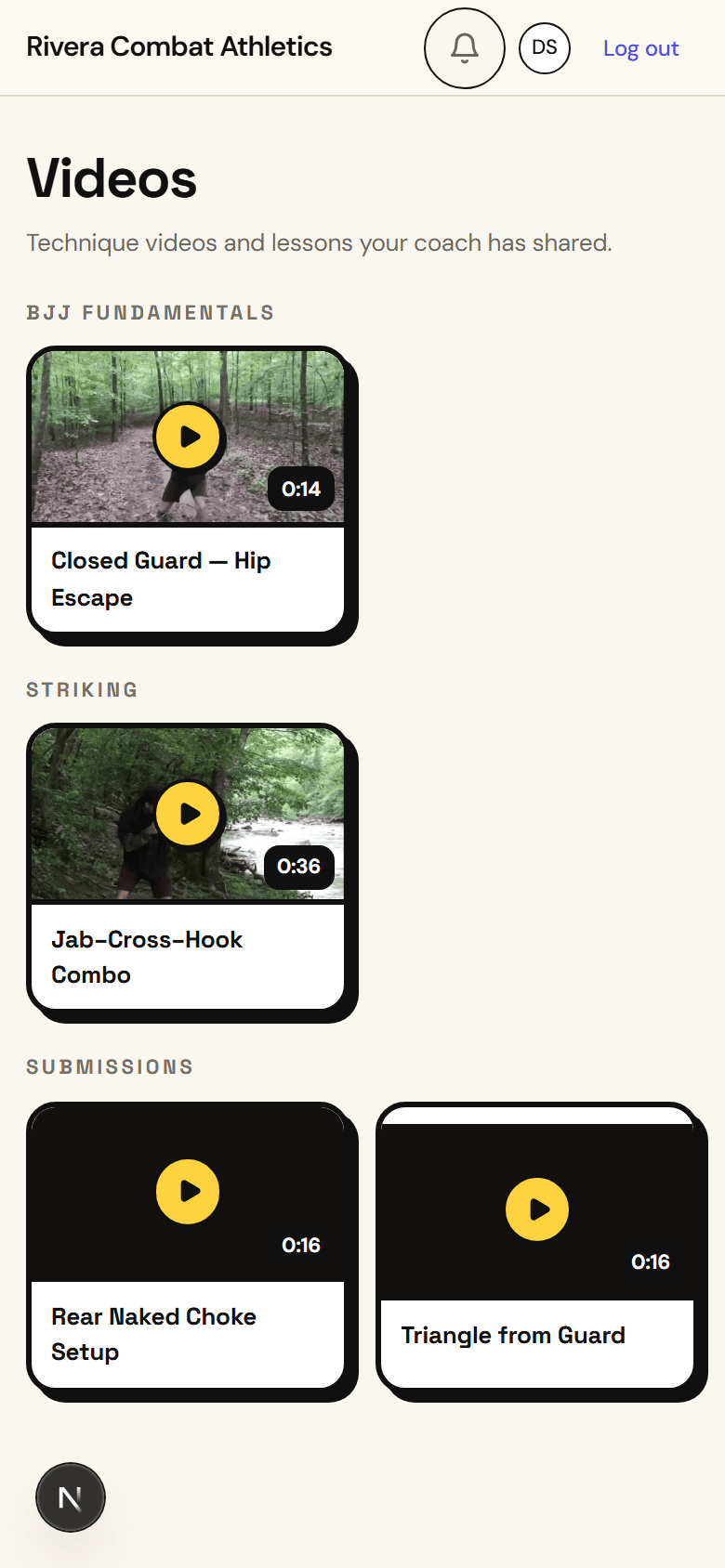 Korva student video library — rewatch the coach's technique videos